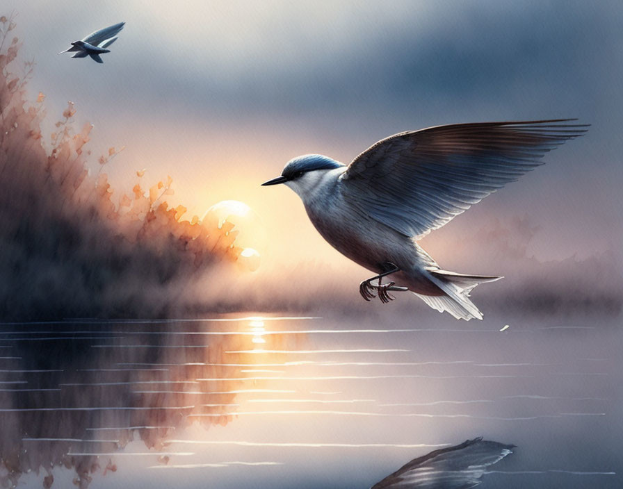 Bird flying over tranquil lake at sunrise with soft reflections and warm glow