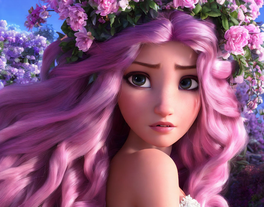 Pink-Haired Animated Character in Floral Wreath in Purple Flower Field