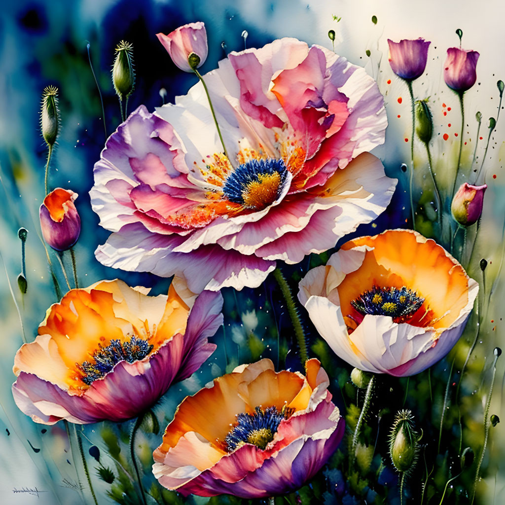 Detailed Pink and Orange Poppies Painting on Blue Background