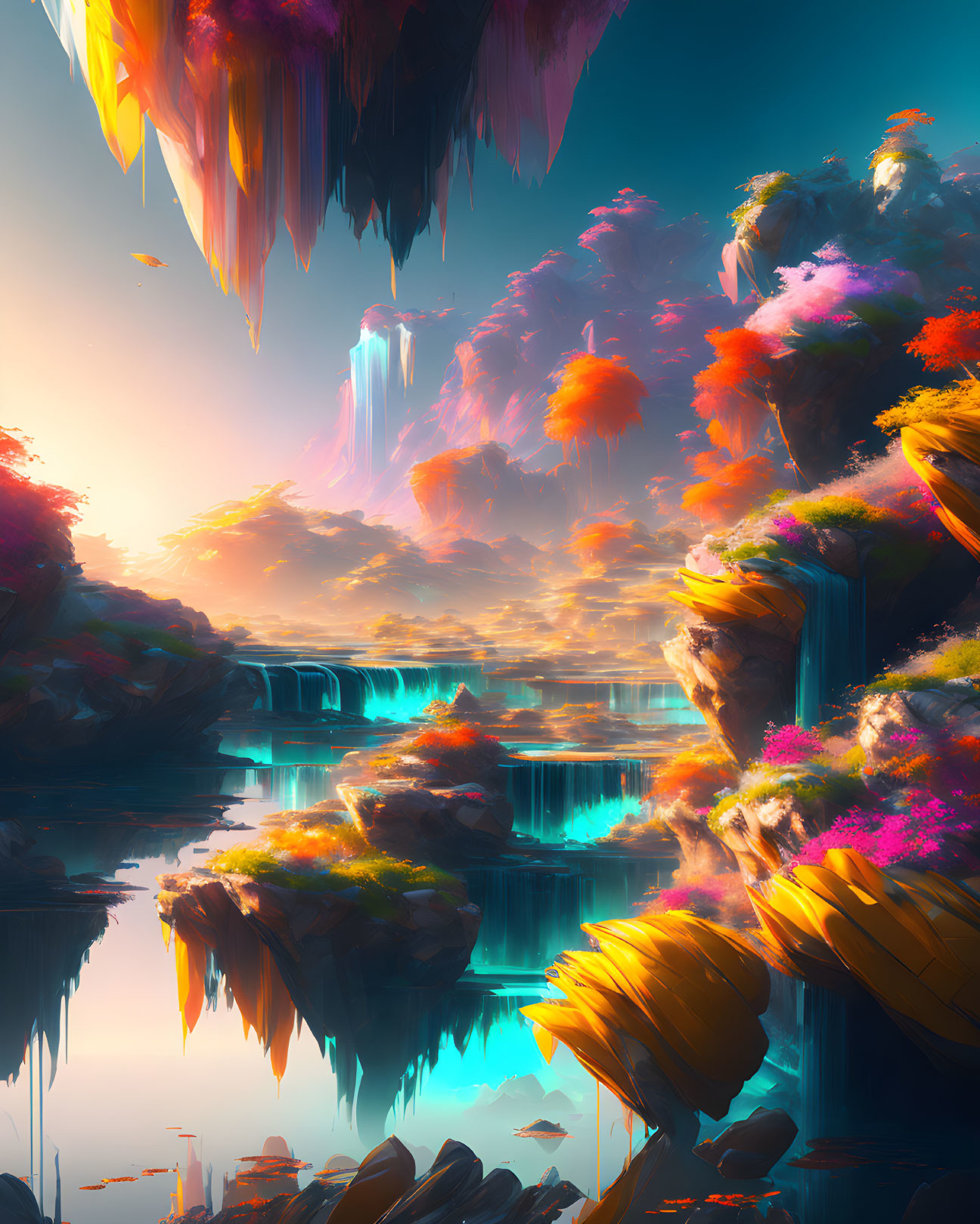 Colorful Fantasy Landscape with Floating Islands and Waterfalls