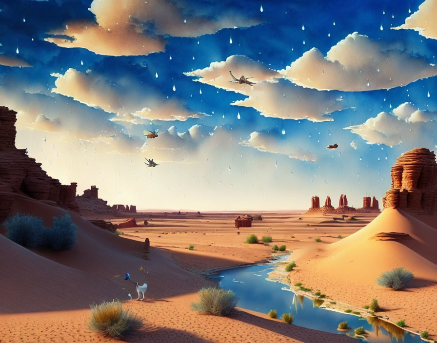 Surreal desert landscape with oasis, camels, and sandstone formations