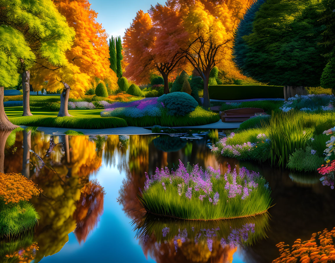 Colorful Trees and Calm Pond in Vibrant Garden