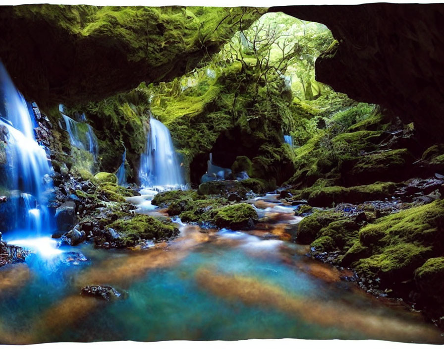 Tranquil blue waterfall in moss-covered cave