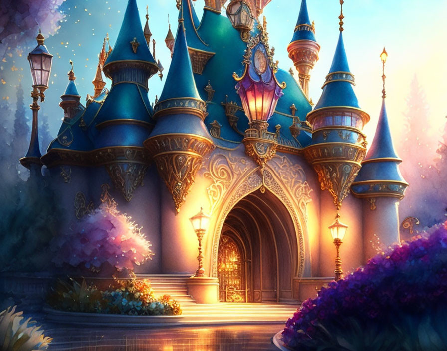 Enchanting twilight castle with glowing lanterns and golden details