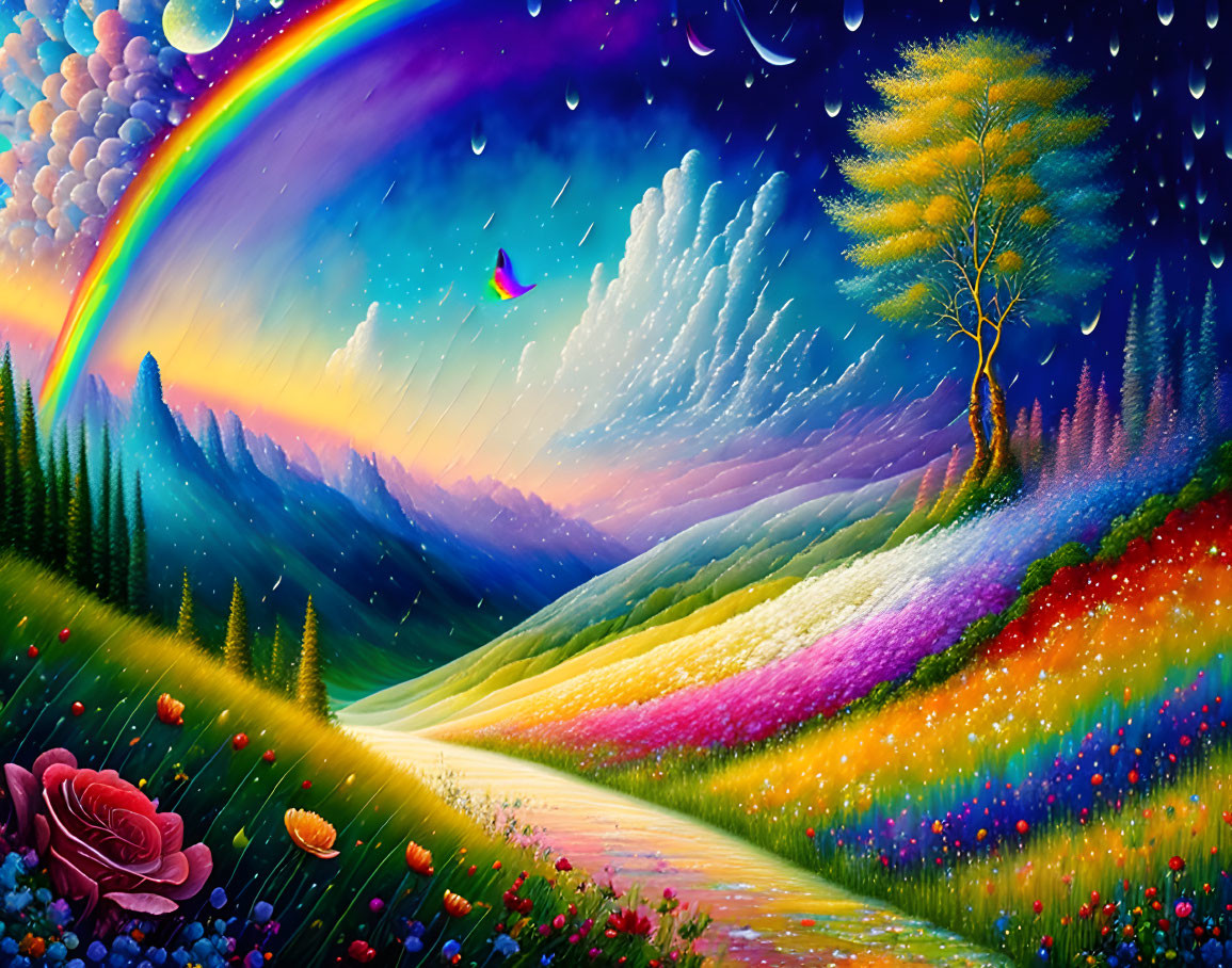 Colorful landscape with rainbow, flower-covered hills, lone tree, raindrops, butterfly, dramatic sky