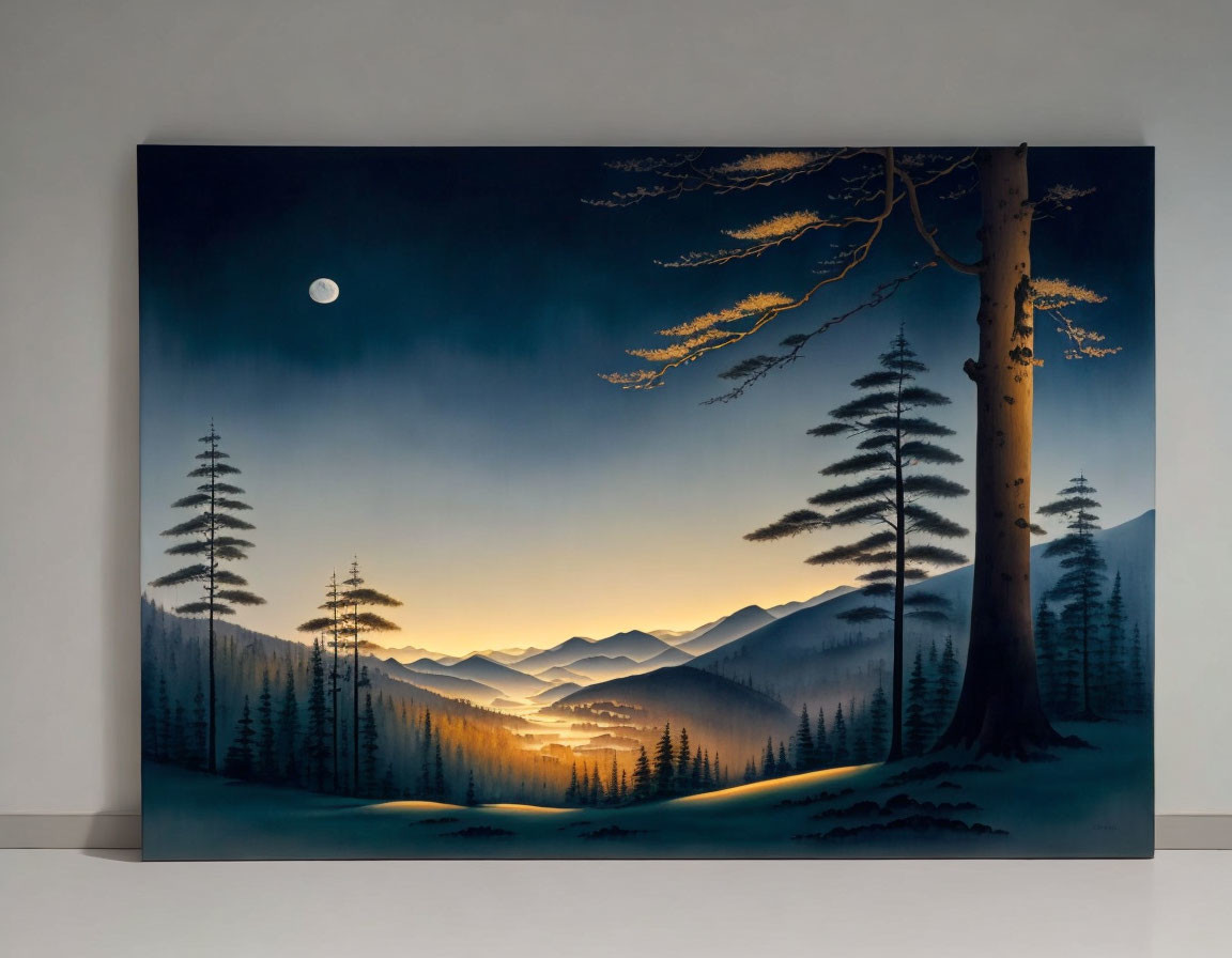 Serene nocturnal landscape with towering trees and rolling hills