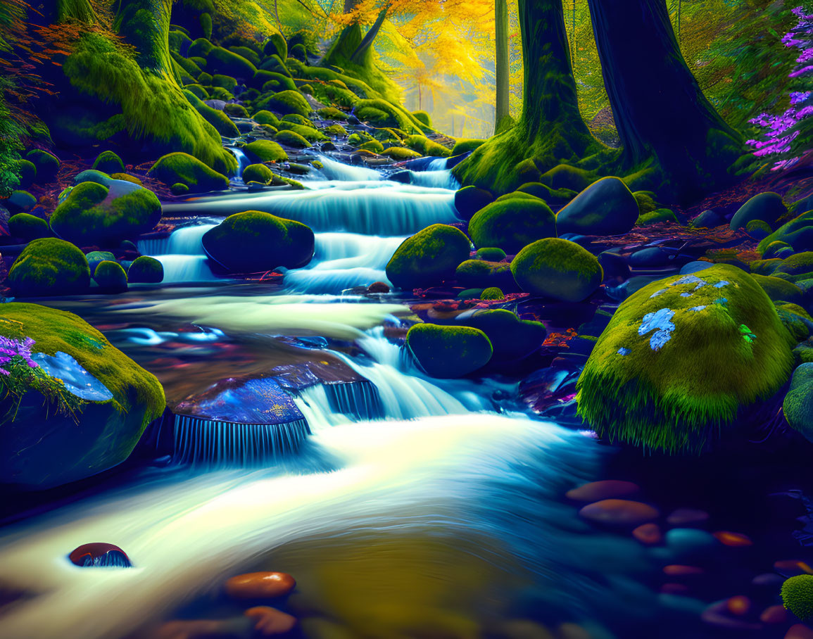 Lush forest stream with moss-covered rocks and purple flora