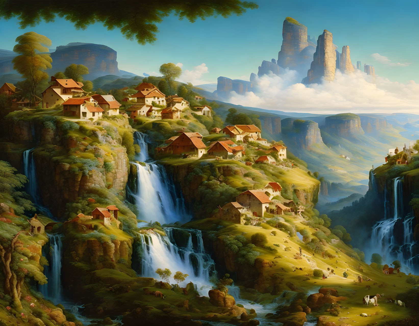 Picturesque village nestled among waterfalls, cliffs, and lush greenery