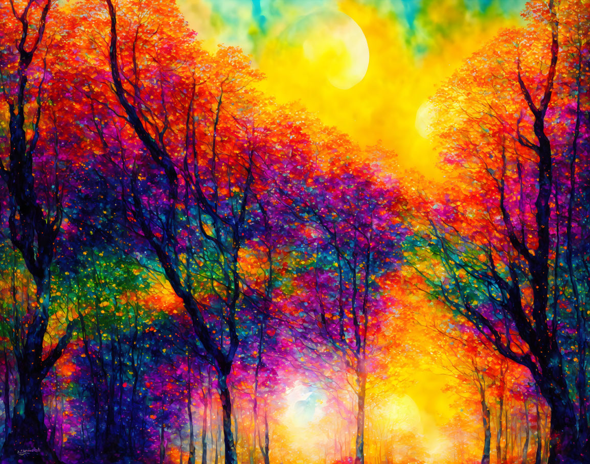 Colorful Autumn Forest with Glowing Sky and Sun/Moon Through Trees