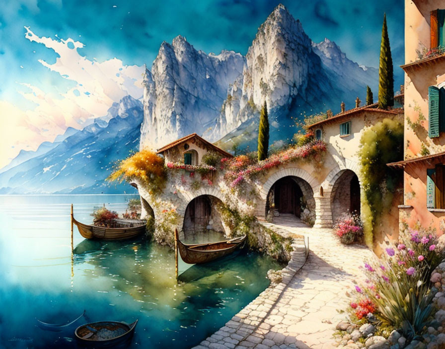 Tranquil lakeside scene with colorful flora, stone houses, boats, and mountains