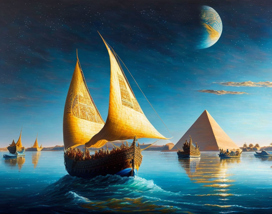 Golden sailboats near pyramids on calm sea under moonlit sky