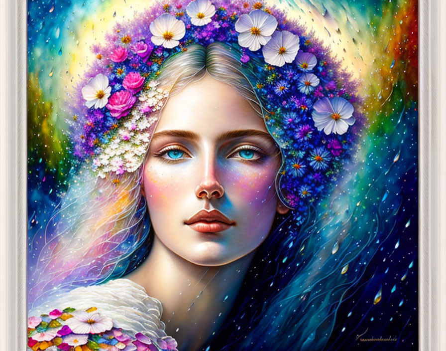 Colorful floral crown woman portrait with cosmic background