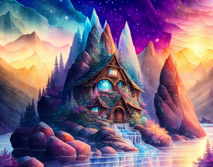 Fantasy landscape: Cozy cottage by waterfall, starry mountains, twilight sky