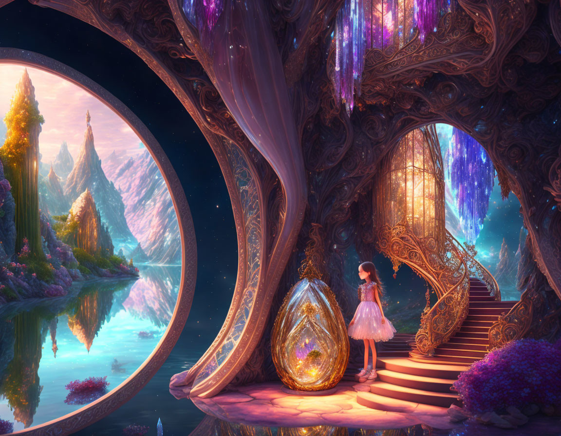 Girl in dress near golden egg chair in fantastical tree interior overlooking mountain landscape.