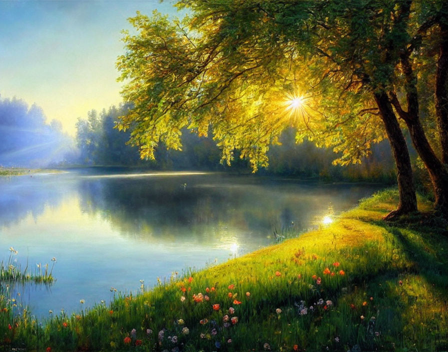 Tranquil lake scene with sun rays, tree, and wildflowers