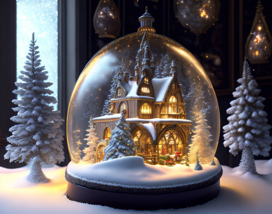 Detailed Snow Globe with Miniature House and Trees in Falling Snow