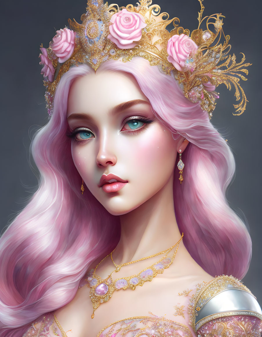 Portrait of Woman with Pink Hair, Gold Crown, Blue Eyes, and Gold Dress