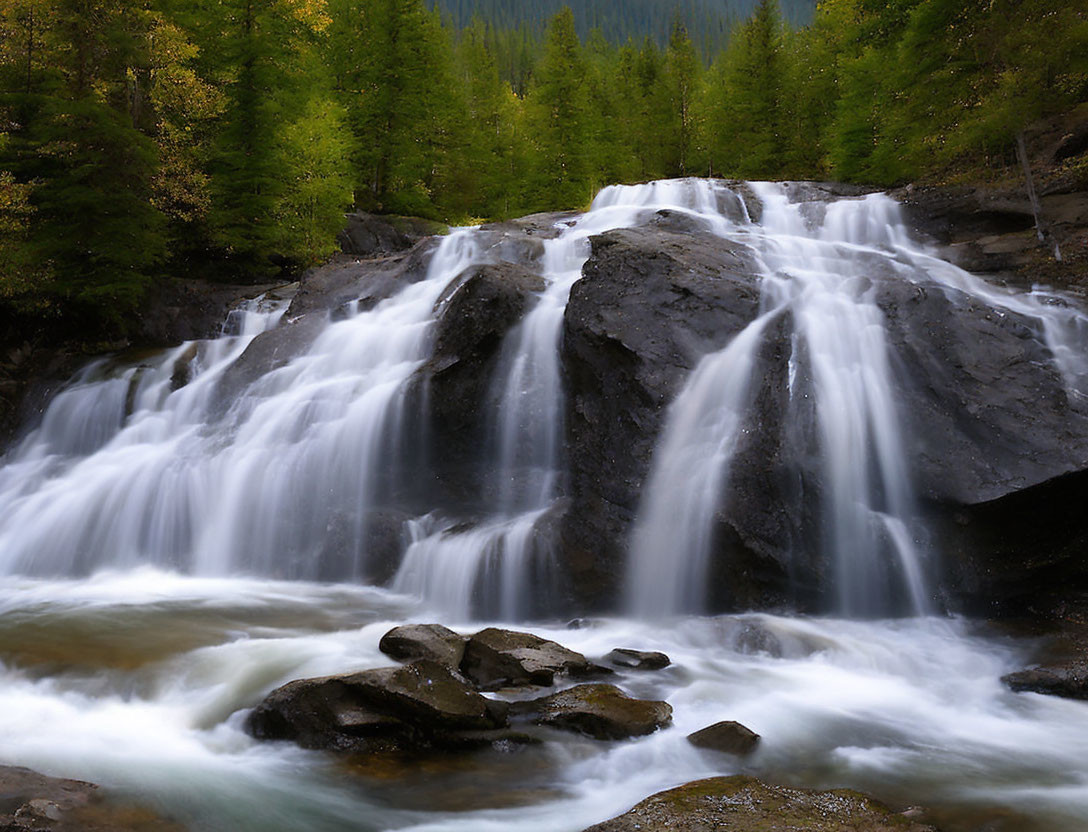 Tranquil waterfall over dark rocks in lush forest landscape