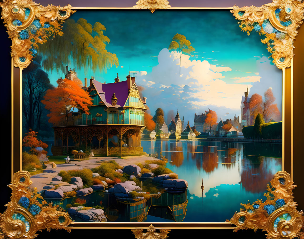 Fantastical landscape digital artwork with ornate golden frame