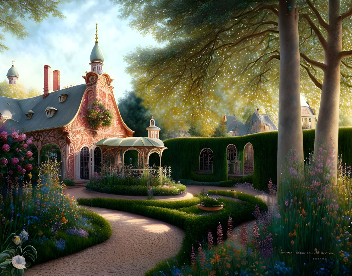 Ornate Whimsical Cottage in Colorful Garden Landscape