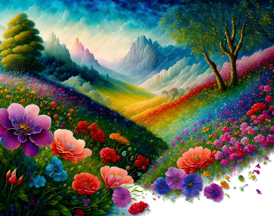 Colorful flowers, lush tree, hills, mountains in fantasy landscape