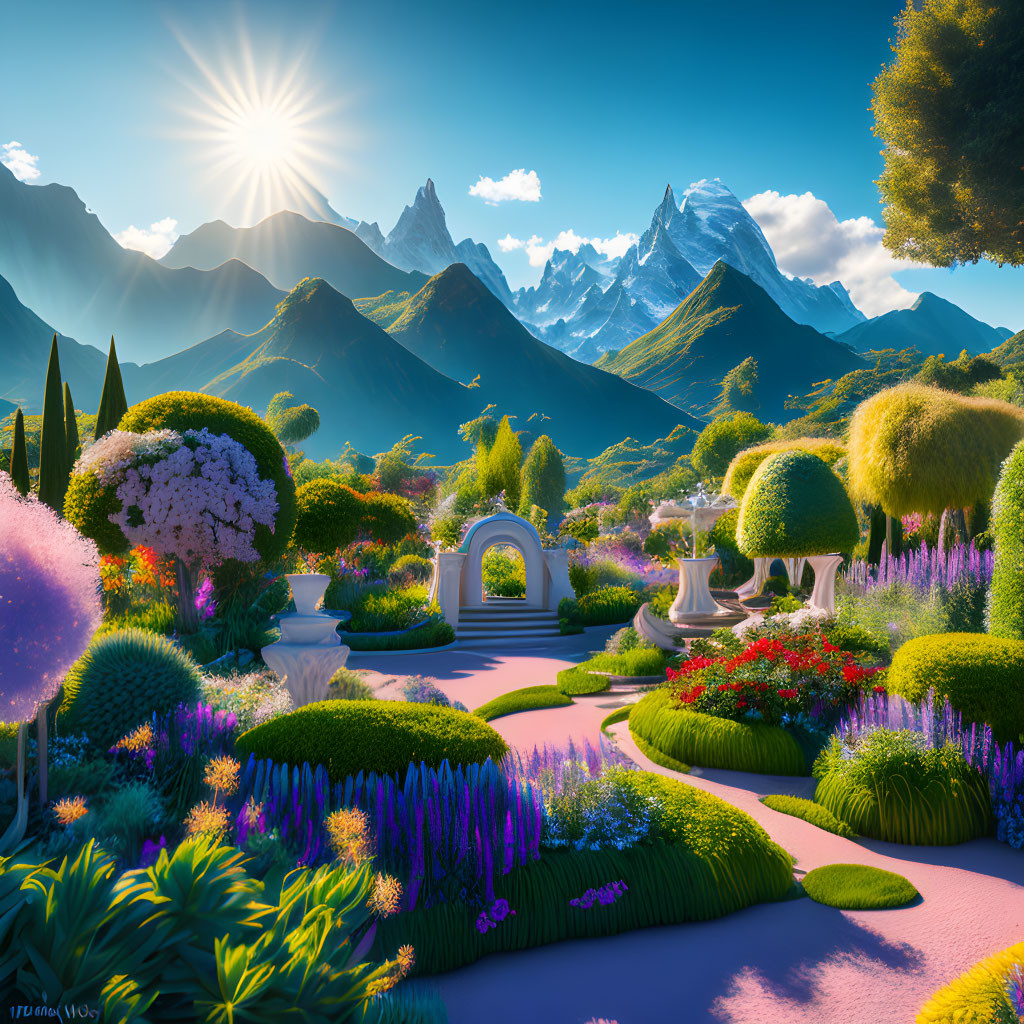 Lush Flora in Vibrant Garden with Majestic Mountains