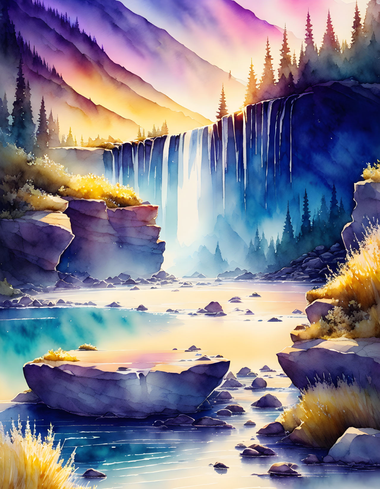 Majestic waterfall painting with cascading streams and lush cliffs