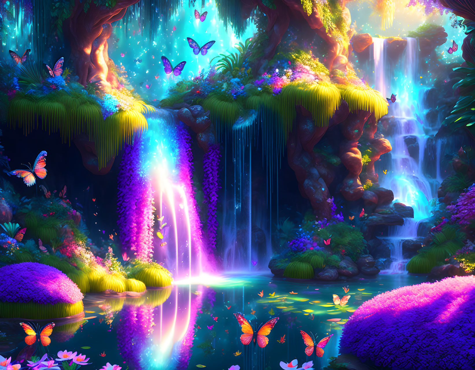 Colorful Butterfly Waterfall Scene with Serene Pond