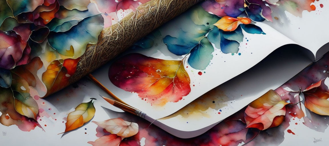 Watercolor Paintings of Vibrant Flowers and Paintbrush on Open Book