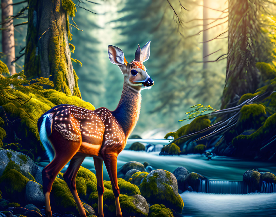 Spotted deer by stream in serene forest with sunlight filtering through trees