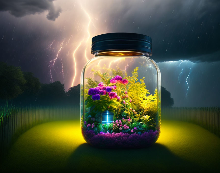 Illuminated garden in glass jar on stormy night with lightning