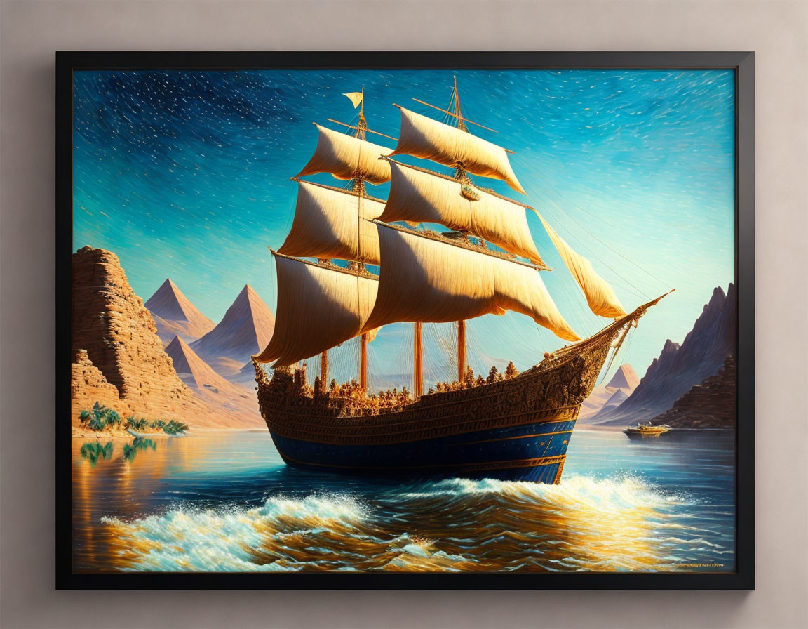 Framed painting: Sailing ship on river with pyramids and deserts