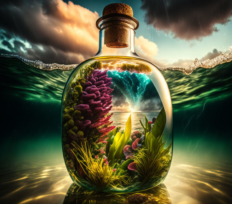 Glass bottle with vibrant ecosystem and storm inside