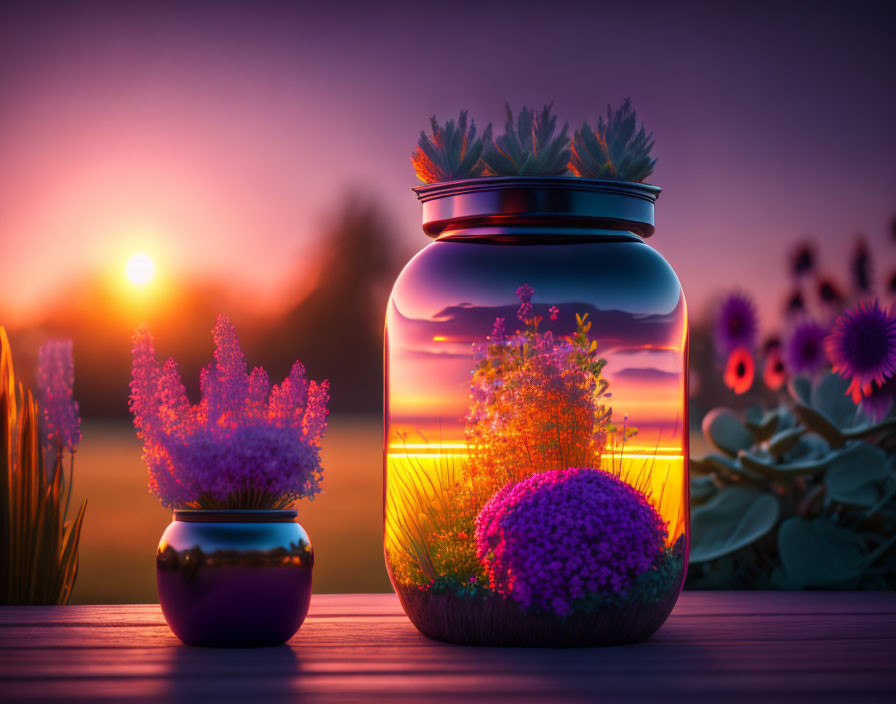 Tranquil sunset setting with jars of vibrant flowers on wooden surface