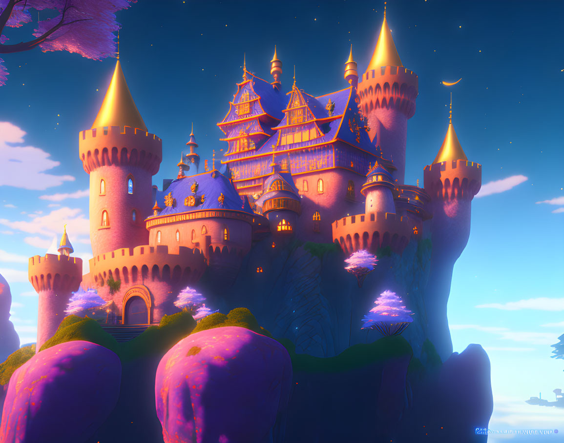 Fantastical castle with spires on cliff under purple sky and pink flora