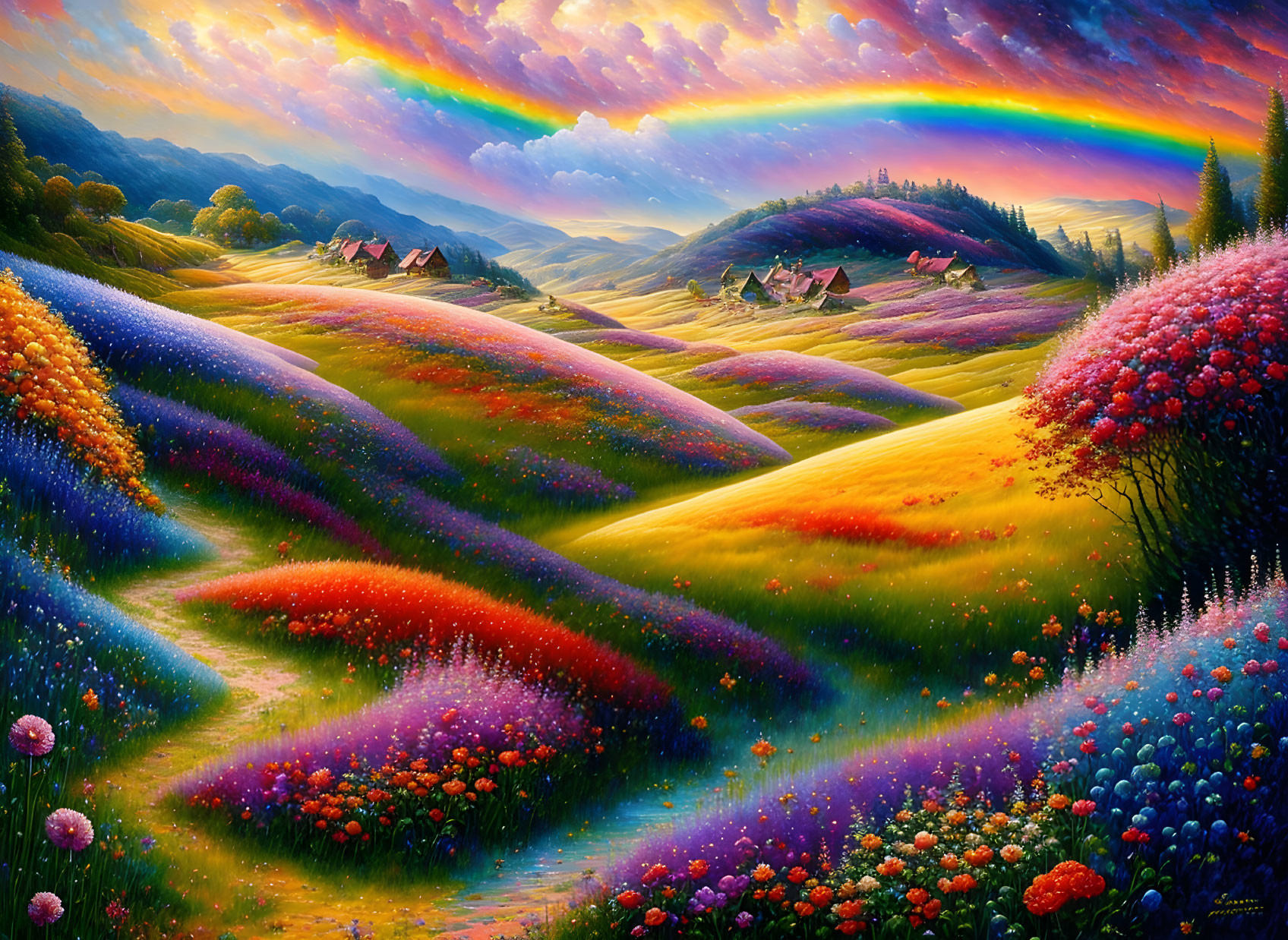 Colorful landscape painting with hills, flowers, rainbow, and houses under pastel sky