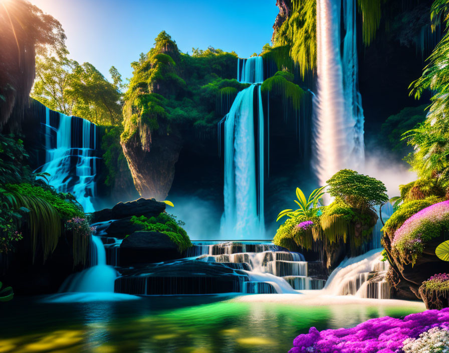 Majestic multi-tiered waterfall in vibrant lush landscape