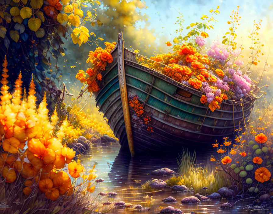 Colorful Flowers Overflowing on Old Wooden Boat by Tranquil Riverbank