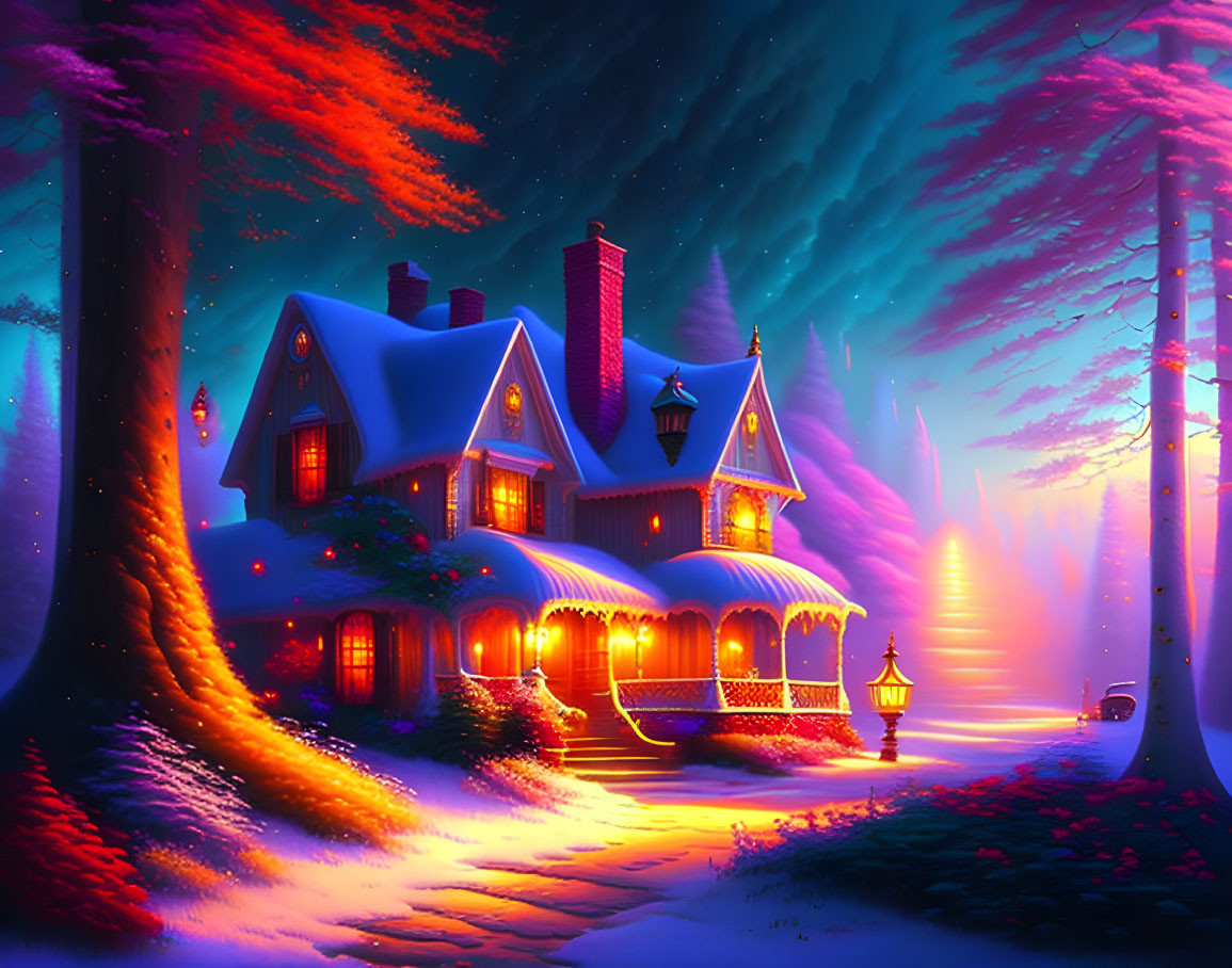 Snowy landscape with illuminated cottage under twilight sky