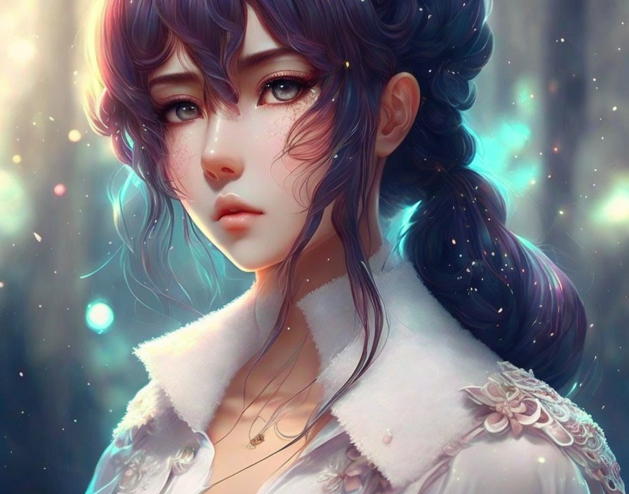 Detailed illustration of a young woman with blue hair and expressive eyes in soft glowing light.