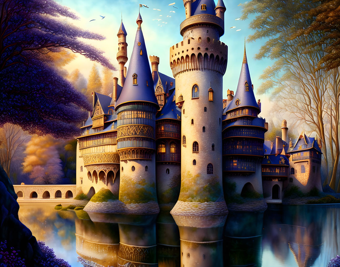 Majestic castle with towers and spires by tranquil lake at sunset