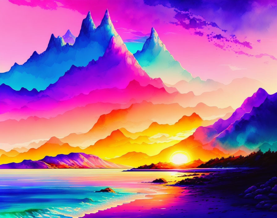 Colorful digital artwork: Mountains at sunset in purple, pink, and blue hues