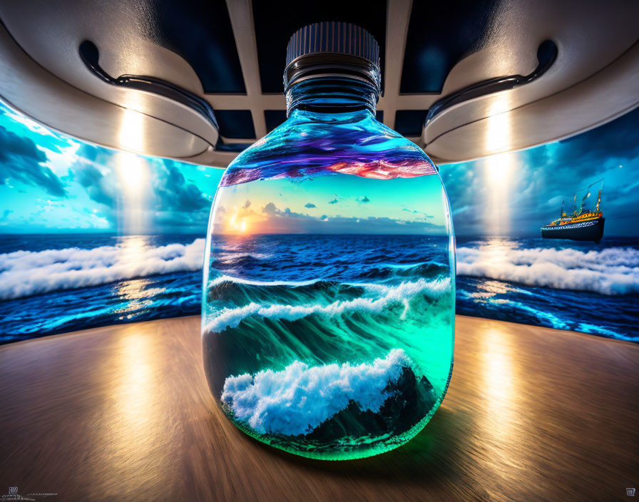 Surreal ocean scene captured in a bottle on wooden surface