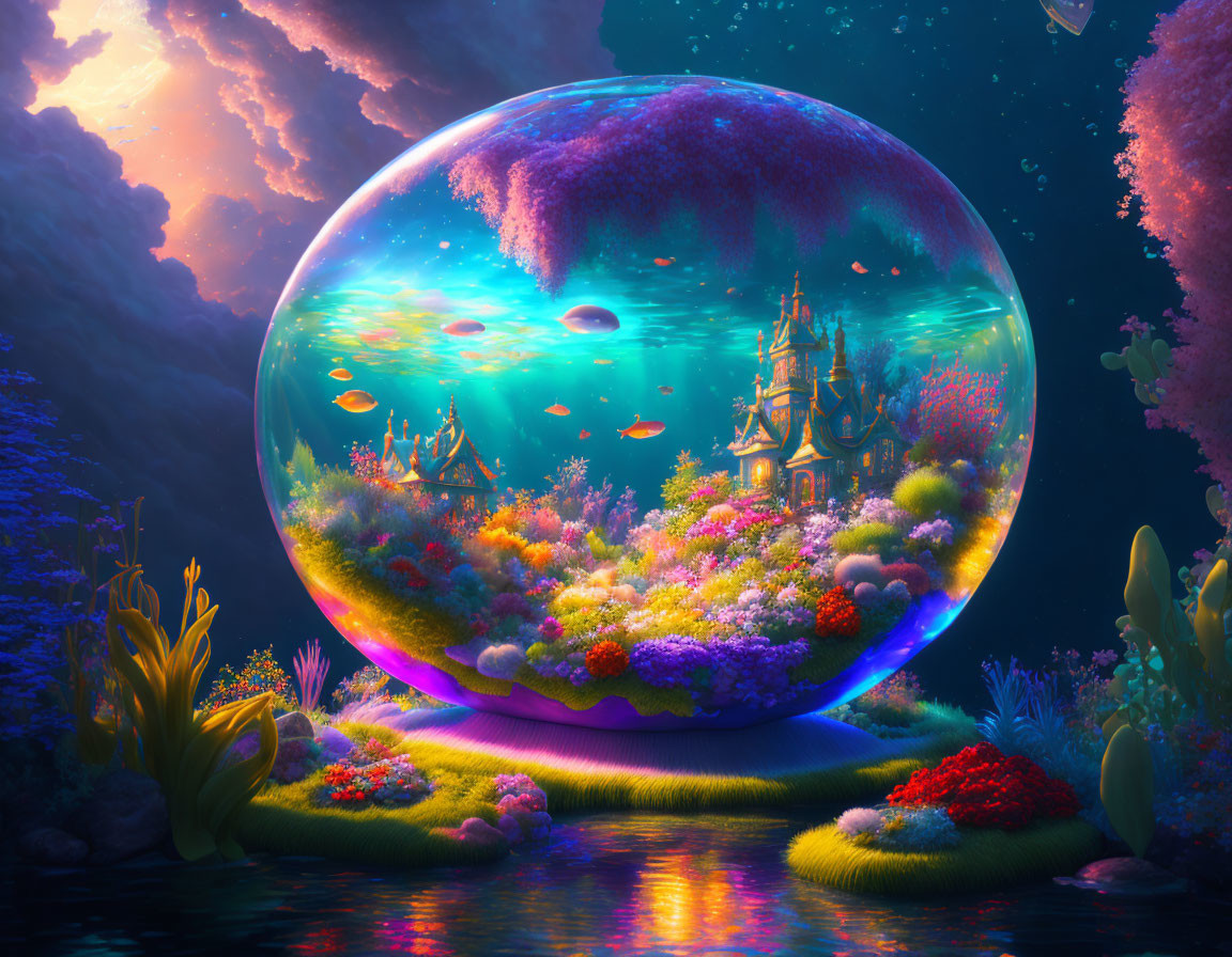 Colorful underwater scene in transparent sphere with castle, coral, fish, and dusk sky.