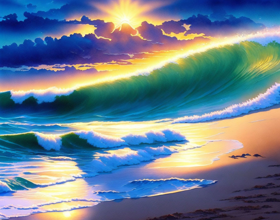 Colorful ocean wave illustration at sunset with blues and oranges on sandy beach