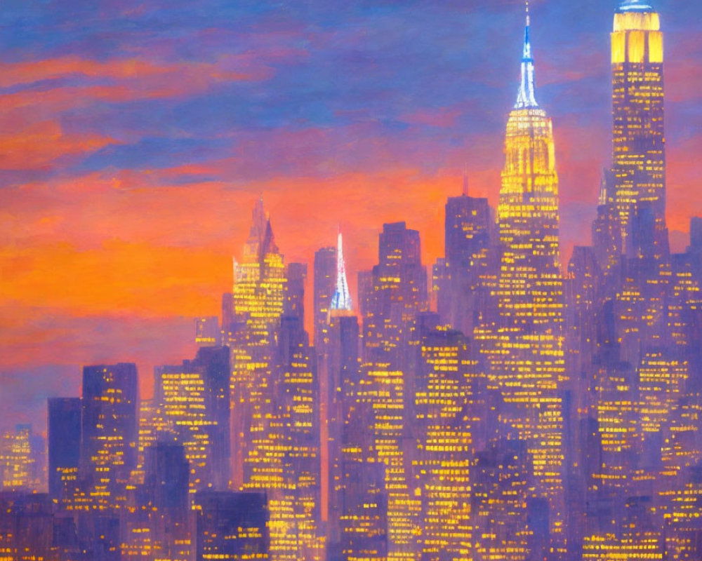 Vibrant painting of New York skyline at dusk