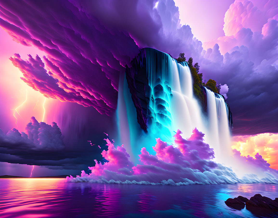 Majestic waterfall with neon pink clouds and lightning in a purple sky