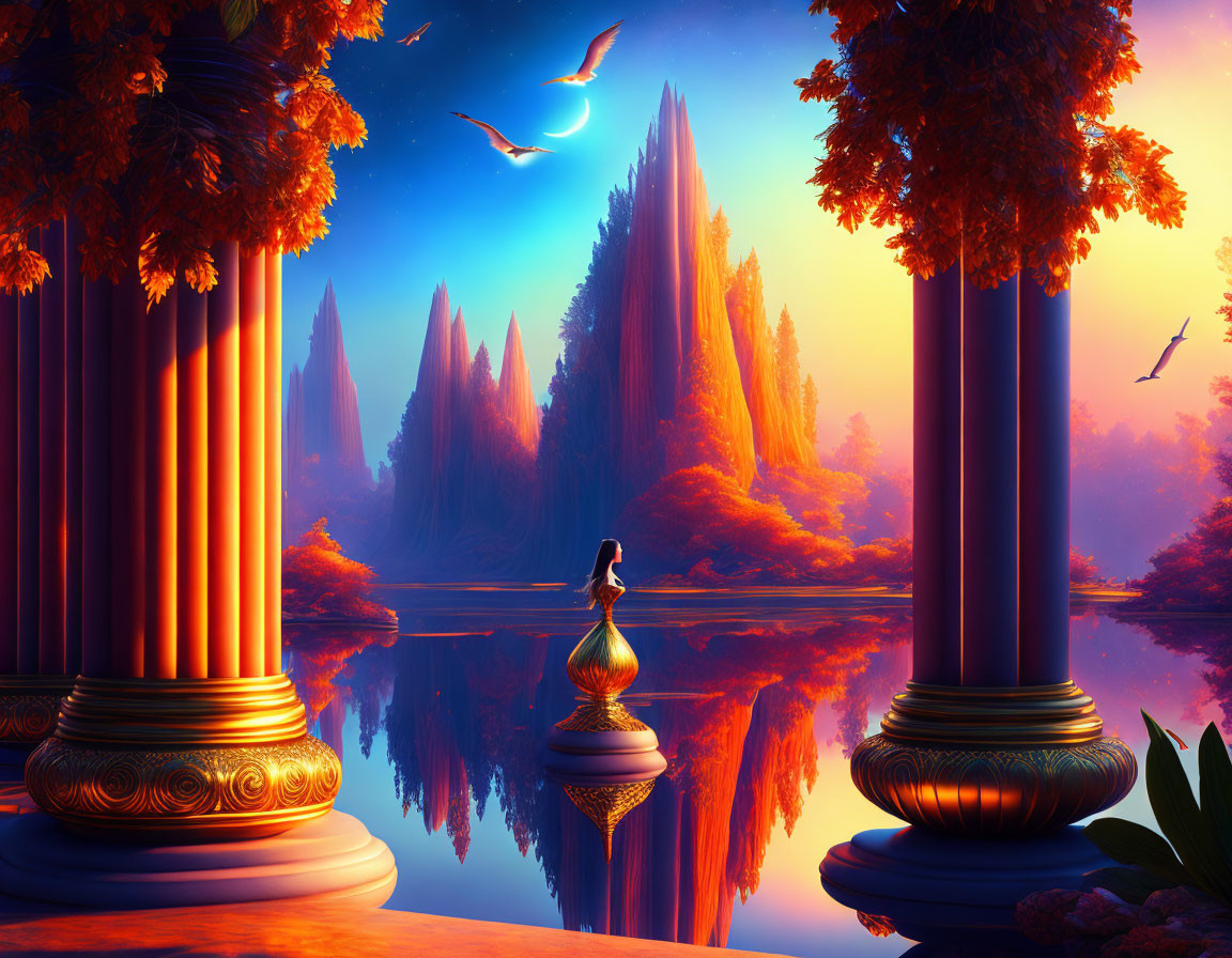 Fantasy landscape at sunset with woman by reflective lake, classical columns, orange trees, birds, cliffs