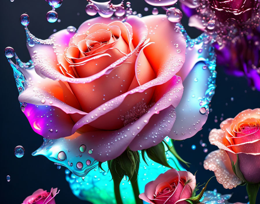 Digital artwork: Dew-kissed pink rose with water droplets on dark background