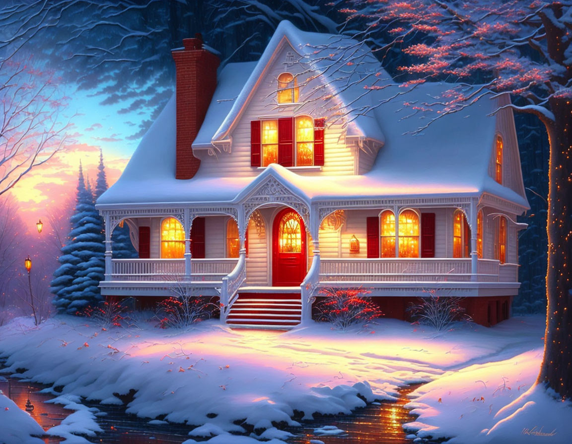 Cozy Two-Story House in Snowy Twilight Landscape